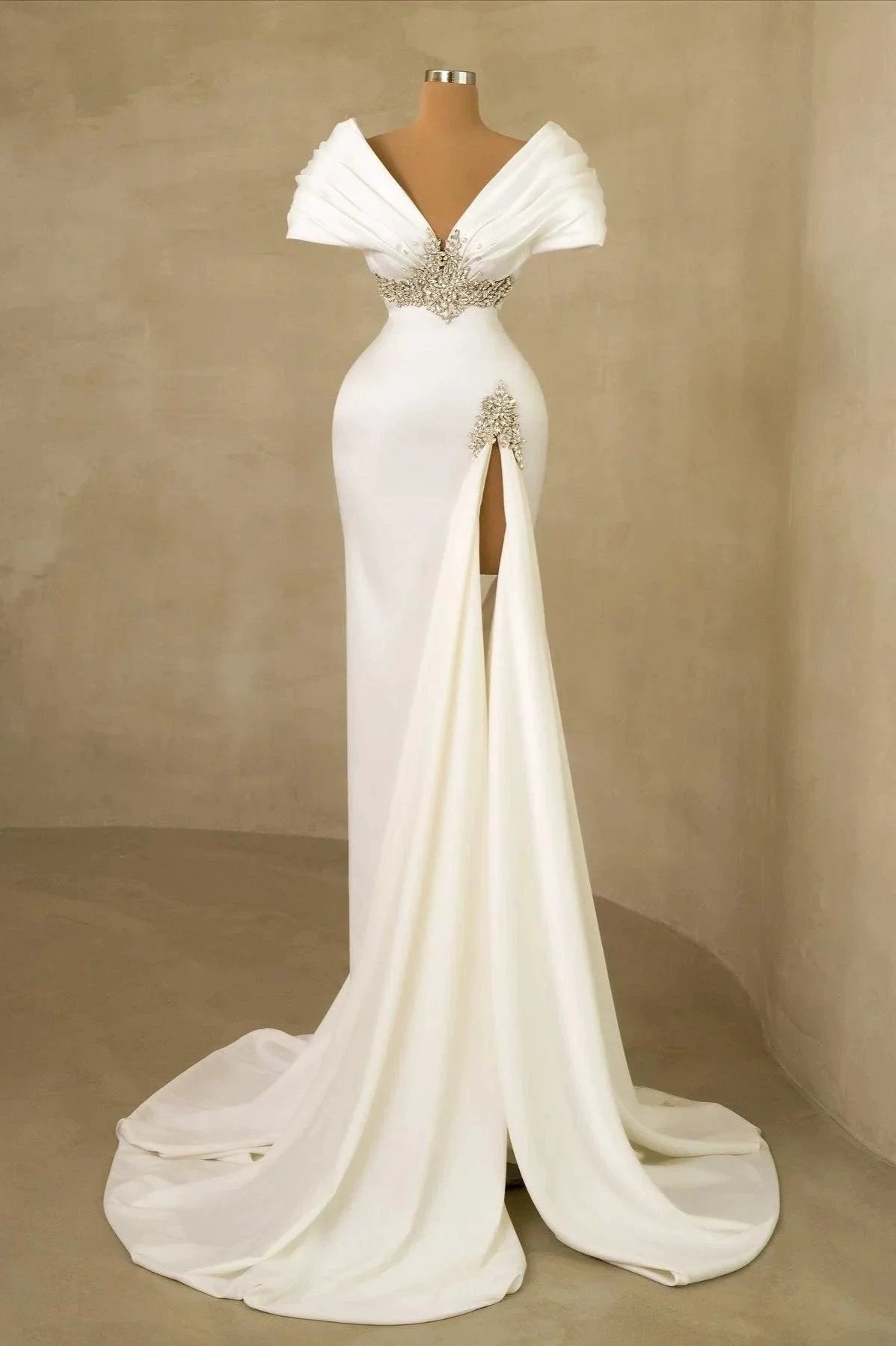 Designer Long White Mermaid Off-the-shoulder Jewels Wedding Dress with Slit by misshow.com