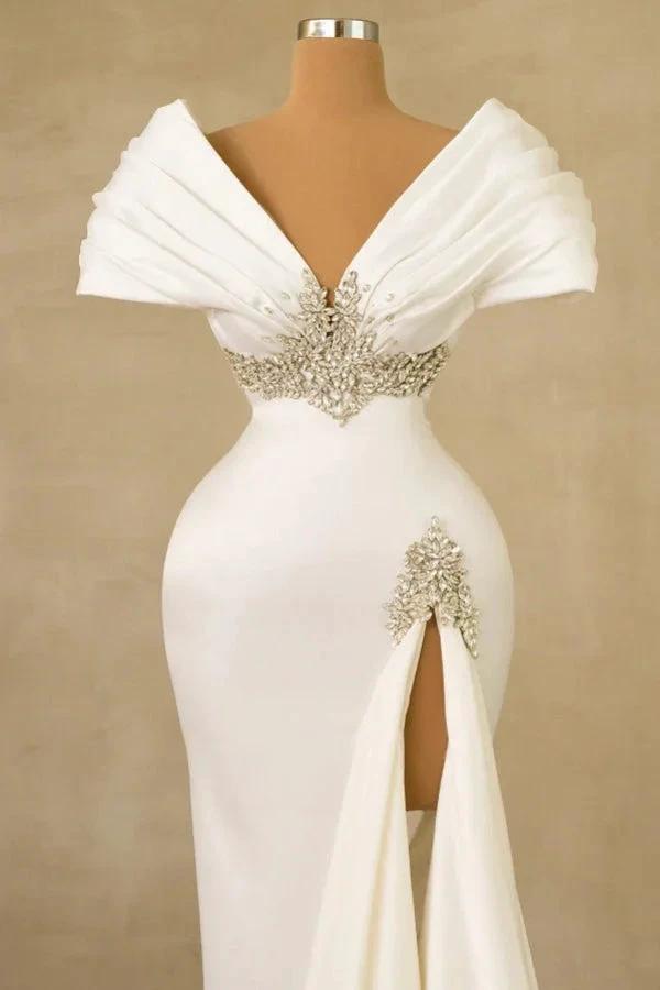 Designer Long White Mermaid Off-the-shoulder Jewels Wedding Dress with Slit by misshow.com
