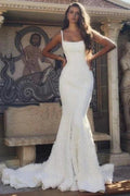 Designer Long White Mermaid Spaghetti Straps Satin Wedding Dress by misshow.com