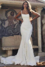 Designer Long White Mermaid Spaghetti Straps Satin Wedding Dress by misshow.com