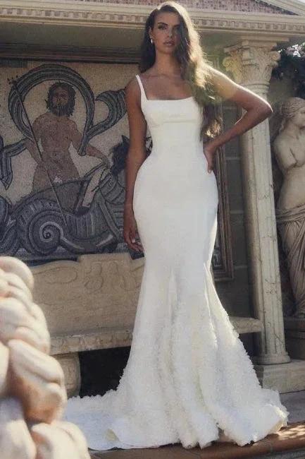 Designer Long White Mermaid Spaghetti Straps Satin Wedding Dress by misshow.com