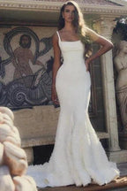 Designer Long White Mermaid Spaghetti Straps Satin Wedding Dress by misshow.com