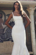 Designer Long White Mermaid Spaghetti Straps Satin Wedding Dress by misshow.com