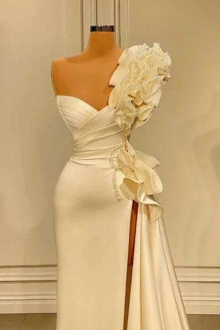 Designer Long White One Shoulder Ruffles Split Wedding Dress With Glitter by misshow.com