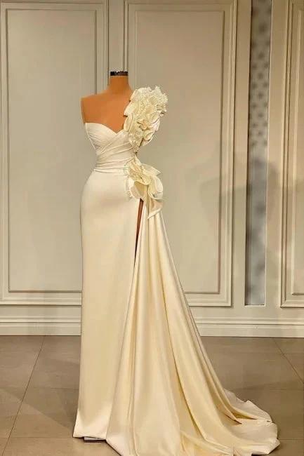 Designer Long White One Shoulder Ruffles Split Wedding Dress With Glitter by misshow.com
