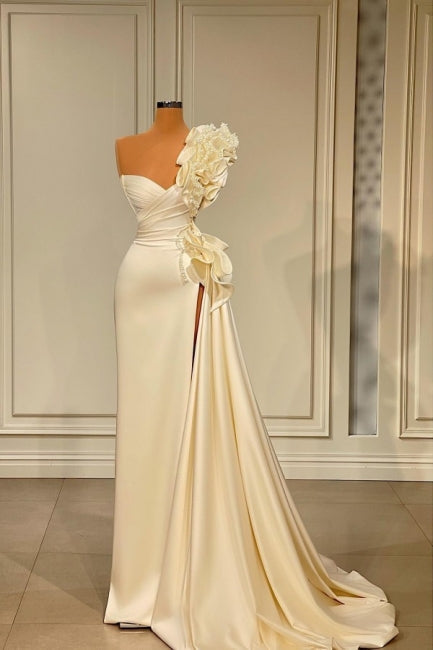 Designer Long White One Shoulder Ruffles Split Wedding Dress With Glitter Hover Image