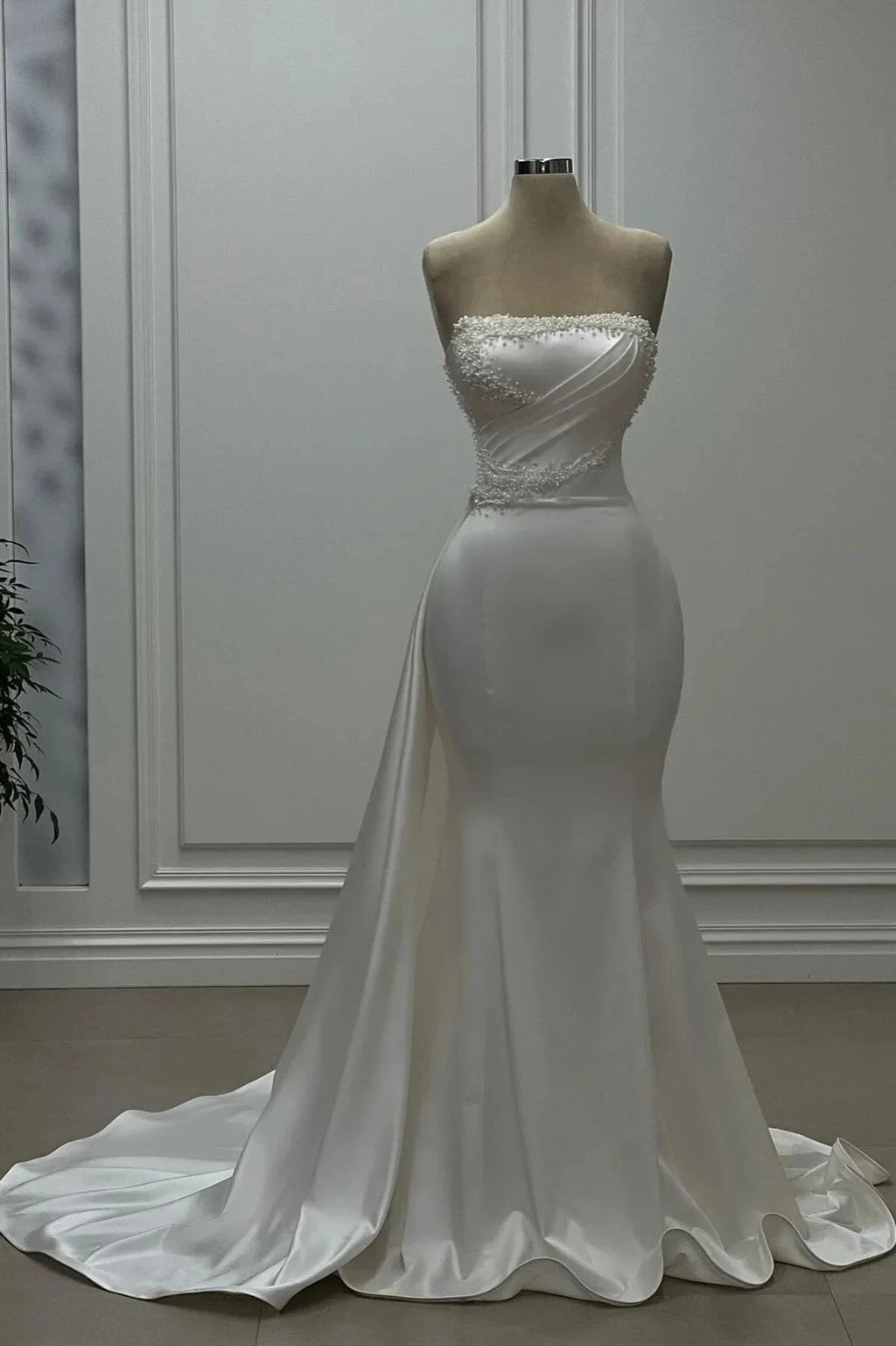 Designer Mermaid Satin Strapless Sleeveless Ivory Wedding Dress With Beading by misshow.com