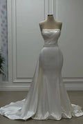 Designer Mermaid Satin Strapless Sleeveless Ivory Wedding Dress With Beading by misshow.com