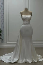 Designer Mermaid Satin Strapless Sleeveless Ivory Wedding Dress With Beading by misshow.com