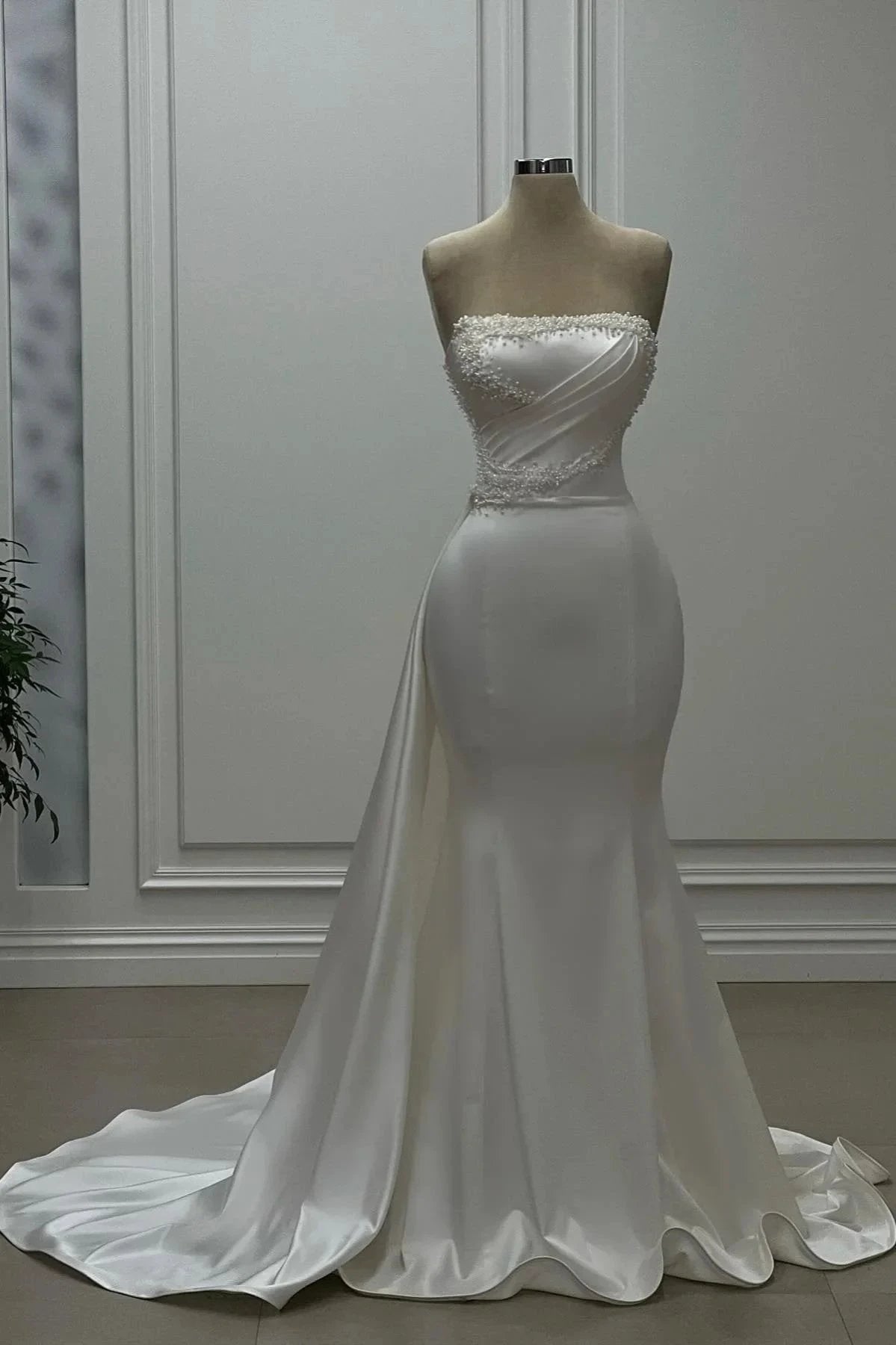 Designer Mermaid Satin Strapless Sleeveless Ivory Wedding Dress With Beading by misshow.com