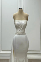 Designer Mermaid Satin Strapless Sleeveless Ivory Wedding Dress With Beading by misshow.com