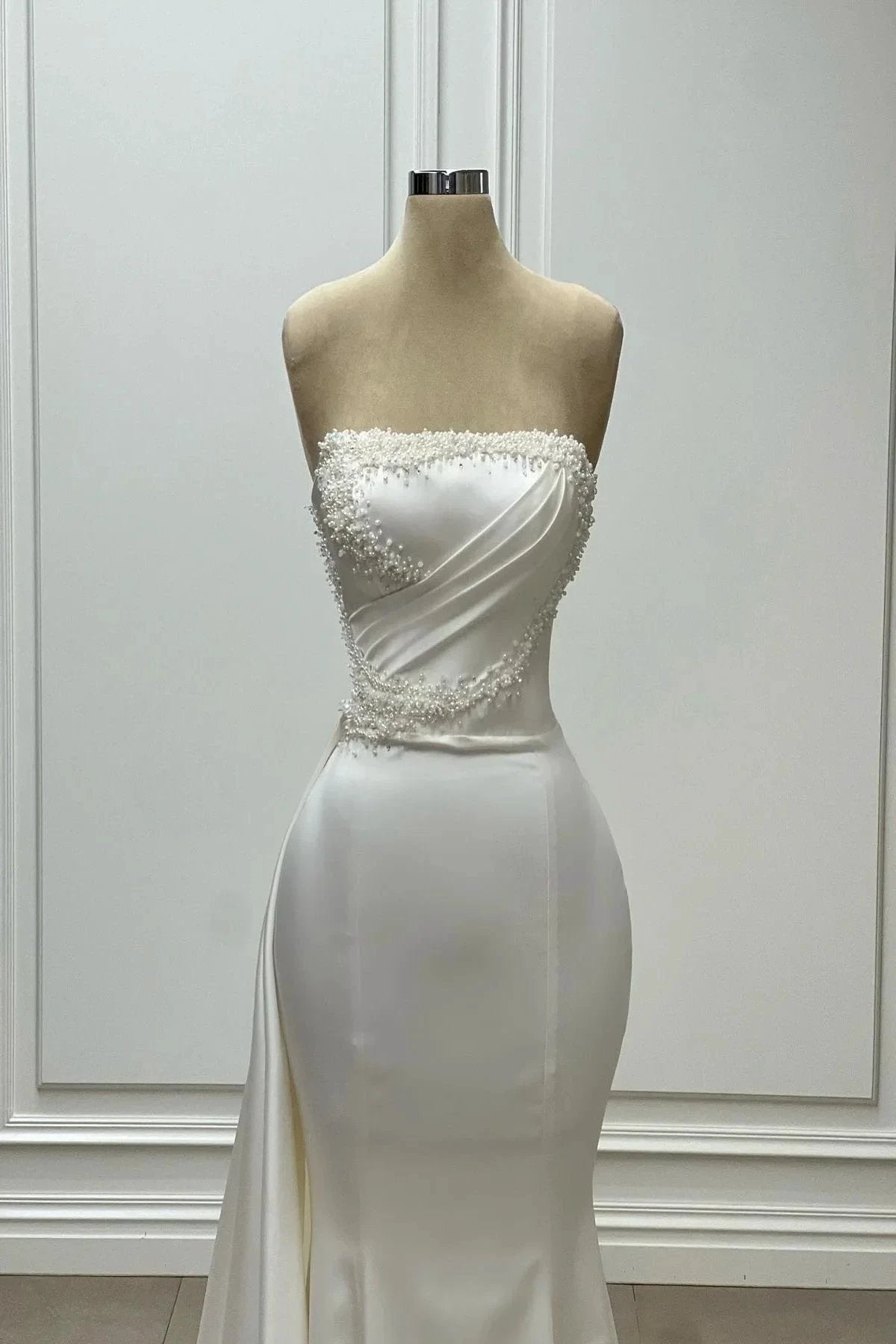 Designer Mermaid Satin Strapless Sleeveless Ivory Wedding Dress With Beading by misshow.com