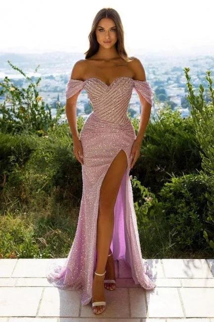 Designer Off-the-shoulder Long Evening Dresses Pink Prom dresses with glitter by misshow.com