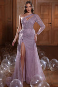 Designer One Shoulder Long Sleeve Beading Prom Dress With Slit by misshow.com