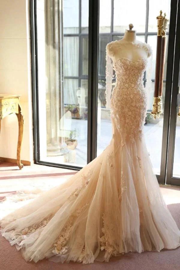 Designer Open Back Sheer Flowers Long Sleeve Mermaid Wedding Dress WD101 by pgmdress