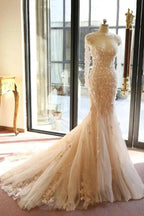 Designer Open Back Sheer Flowers Long Sleeve Mermaid Wedding Dress WD101 by pgmdress