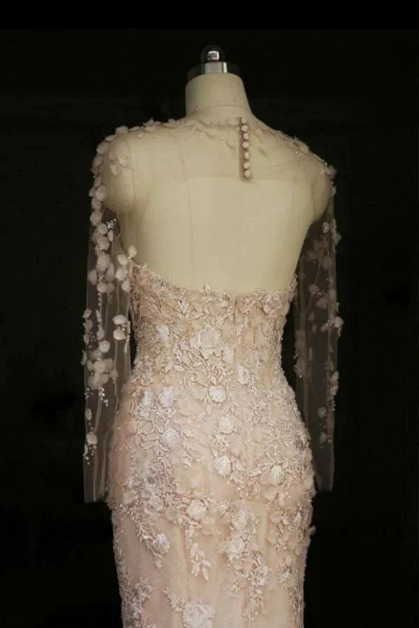 Designer Open Back Sheer Flowers Long Sleeve Mermaid Wedding Dress WD101 by pgmdress