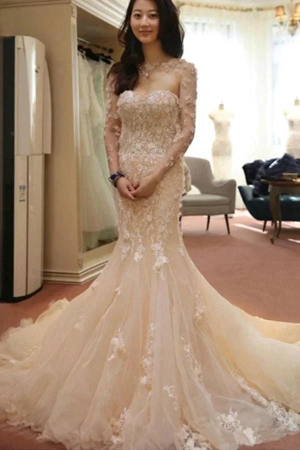 Designer Open Back Sheer Flowers Long Sleeve Mermaid Wedding Dress WD101 by pgmdress