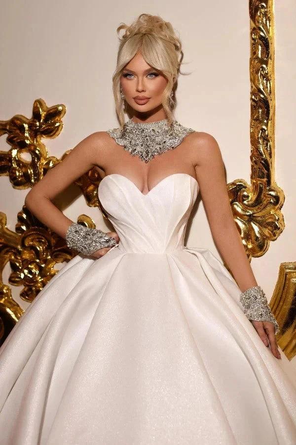 Designer Princess Long A-line Satin Glitter Sleeveless Wedding Dresses by misshow.com