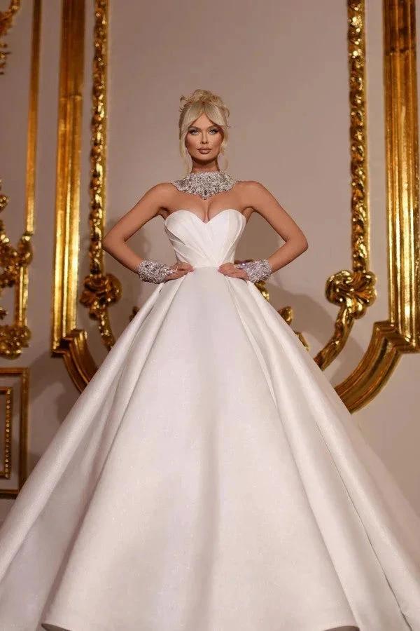 Designer Princess Long A-line Satin Glitter Sleeveless Wedding Dresses by misshow.com