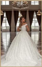 Designer Princess Long White Off-the-shoulder Glitter A-line Wedding Dresses by misshow.com