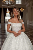 Designer Princess Long White Off-the-shoulder Glitter A-line Wedding Dresses by misshow.com