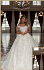 Designer Princess Long White Off-the-shoulder Glitter A-line Wedding Dresses by misshow.com