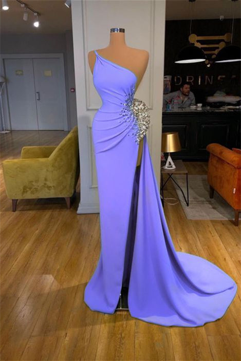 Designer Purple One Shoulder Beading Sleeveless Prom Dress With Slit Hover Image