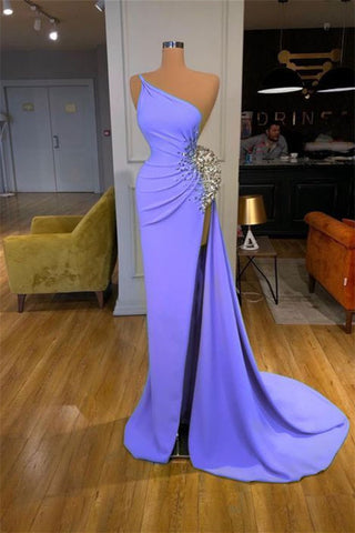 Designer Purple One Shoulder Beading Sleeveless Prom Dress With Slit