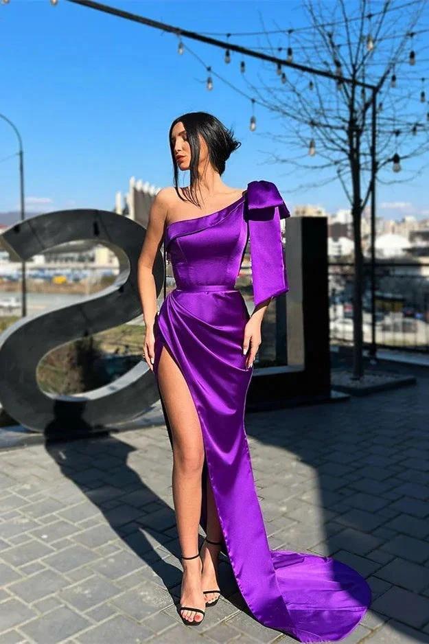 Designer Purple One Shoulder Long Prom Dress With Slit by misshow.com
