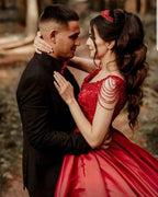 Designer Red A-Line Sleeveless Wedding Dresses With Lace by misshow.com