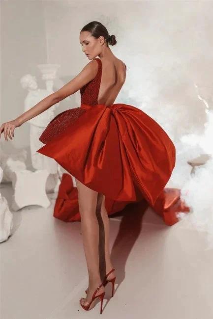 Designer Red Lace Straps Cocktail Dresses Short Glitter Sleeveless Prom Dresses by misshow.com