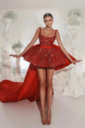 Designer Red Lace Straps Cocktail Dresses Short Glitter Sleeveless Prom Dresses by misshow.com