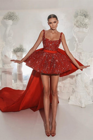 Vestidos de cóctel de diseñador con tirantes de encaje rojo, vestidos de fiesta cortos sin mangas con brillo