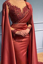 Designer Red Long Mermiad V-neck Lace Evening Dresses With Sleeves by misshow.com