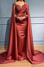 Designer Red Long Mermiad V-neck Lace Evening Dresses With Sleeves by misshow.com