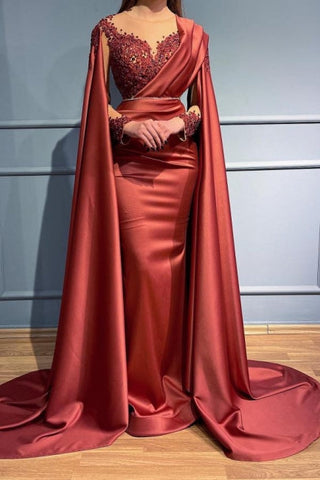 Designer Red Long Mermiad V-neck Lace Evening Dresses With Sleeves
