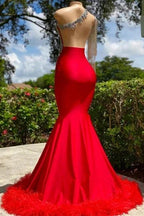 Designer Ruby Tassel Asymmetrical One Shoulder Satin Mermaid Prom Dress with Ruffles by misshow.com