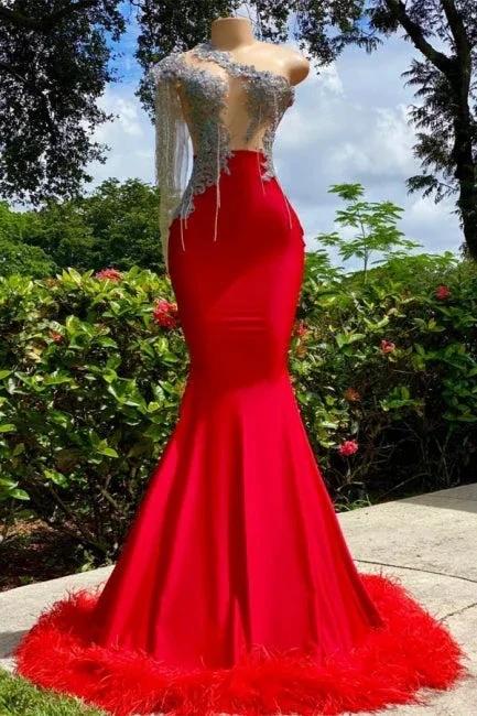 Designer Ruby Tassel Asymmetrical One Shoulder Satin Mermaid Prom Dress with Ruffles by misshow.com