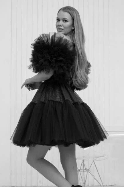 Designer Short Black Off-the-shoulder Tulle Glitter Homecoming Dresses by misshow.com
