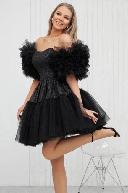 Designer Short Black Off-the-shoulder Tulle Glitter Homecoming Dresses by misshow.com