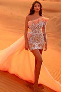 Designer Short Coral One Shoulder Long Sleeve Lace Prom Dress with Pearls by misshow.com