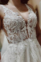 Designer Simple A-line V-neck Wedding Dresses With Lace by misshow.com