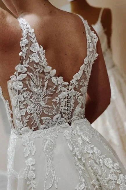 Designer Simple A-line V-neck Wedding Dresses With Lace by misshow.com