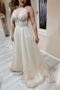 Designer Simple A-line V-neck Wedding Dresses With Lace by misshow.com