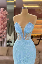 Designer Sky Blue V-neck Sleeveless Mermaid Prom Dress With Lace by misshow.com