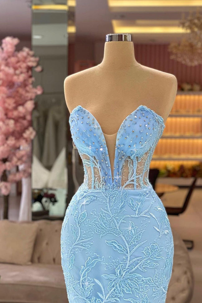 Designer Sky Blue V-neck Sleeveless Mermaid Prom Dress With Lace Main Image