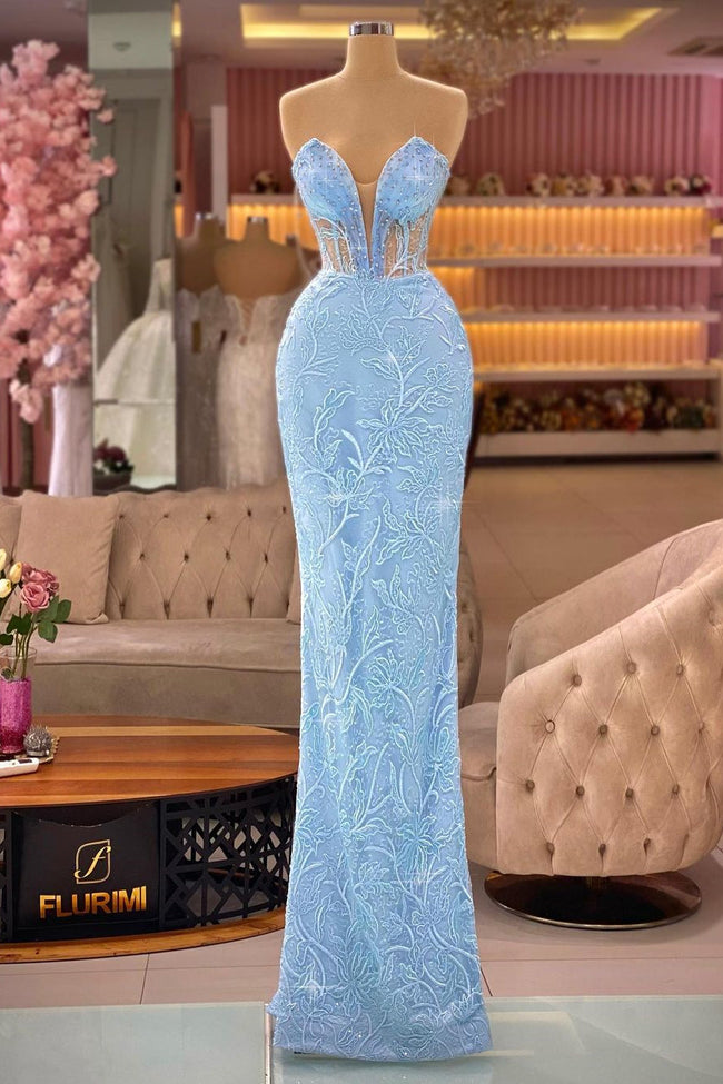 Designer Sky Blue V-neck Sleeveless Mermaid Prom Dress With Lace Hover Image