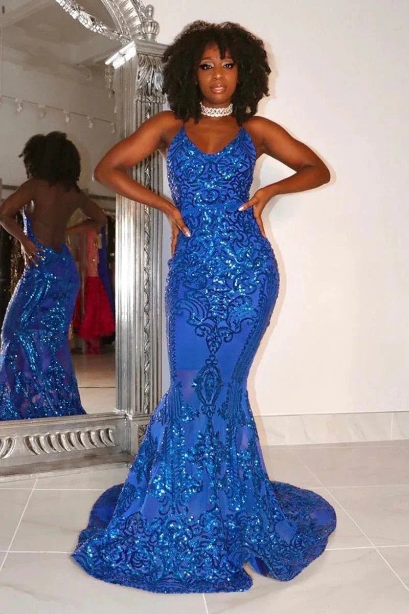Designer Spaghetti Straps Long Mermaid Lace Sleeveless Prom Dress by misshow.com