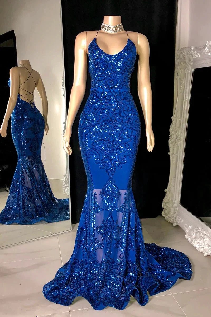 Designer Spaghetti Straps Long Mermaid Lace Sleeveless Prom Dress by misshow.com